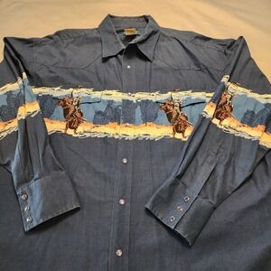 Vintage Wrangler‎ Western Pearl Snap Brushpopper Shirt Horses 2XL Cowboy
